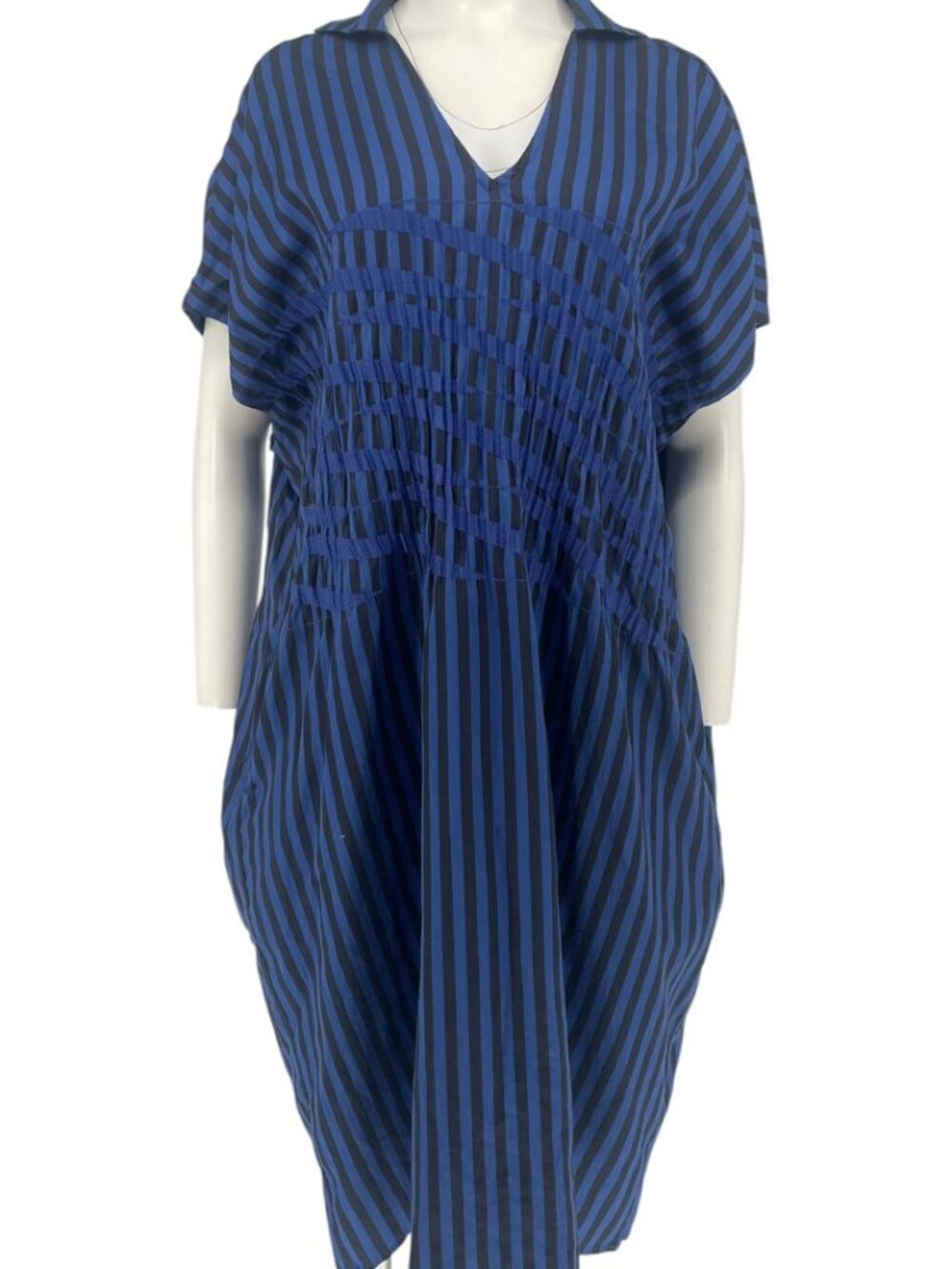 6397 Blue Black Striped Cocoon Midi Dress L Cotton Silk Oversize Pockets Texture
